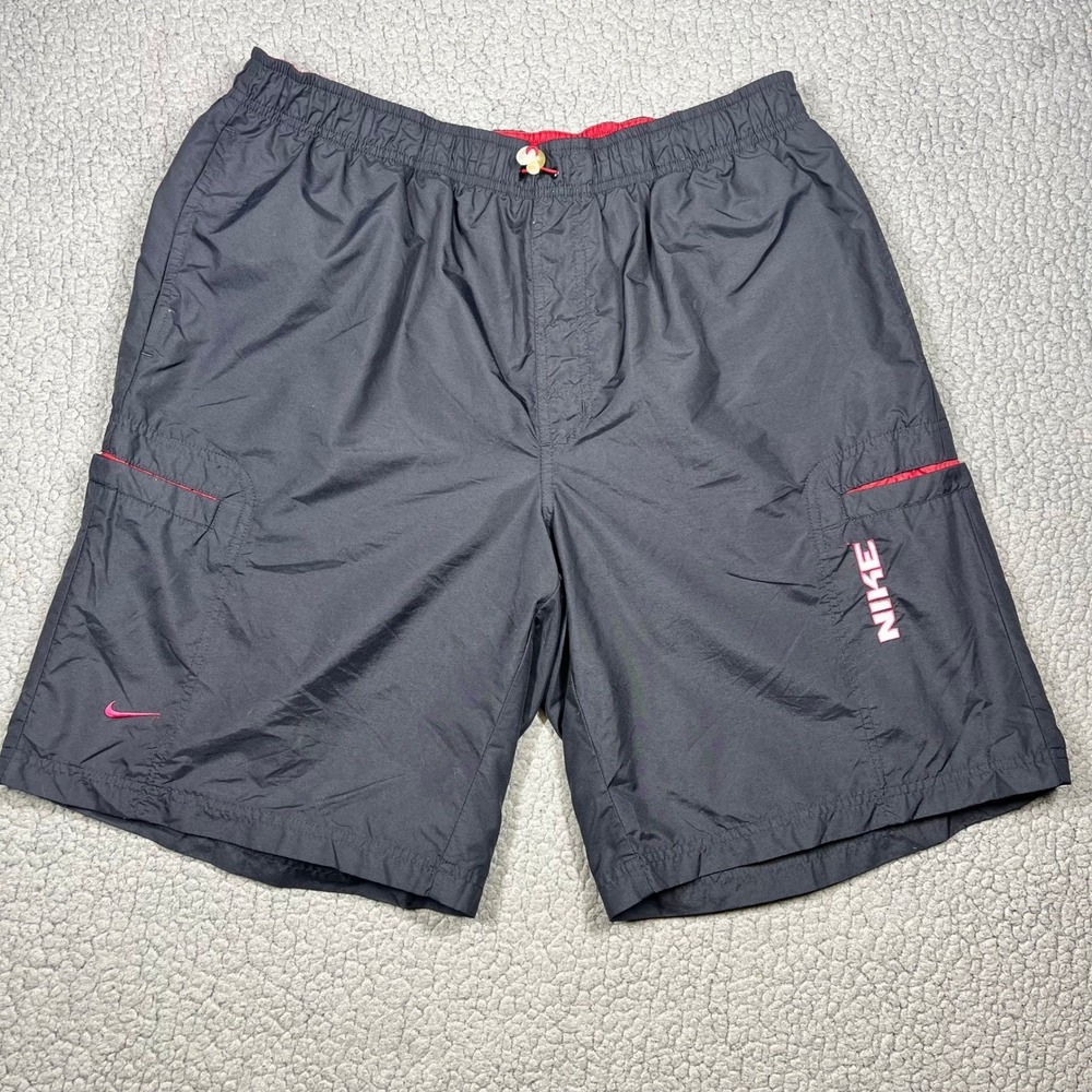 Vintage Nike Swim Trunks Mens XL Black Red Cargo Pocket Mesh Lined‎ Board Shorts